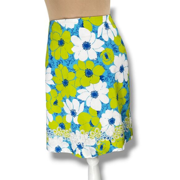 KEY WEST Floral Cotton Skirt Embroidered Hemline 6  Preppy Classic Twee Floral - Picture 1 of 5